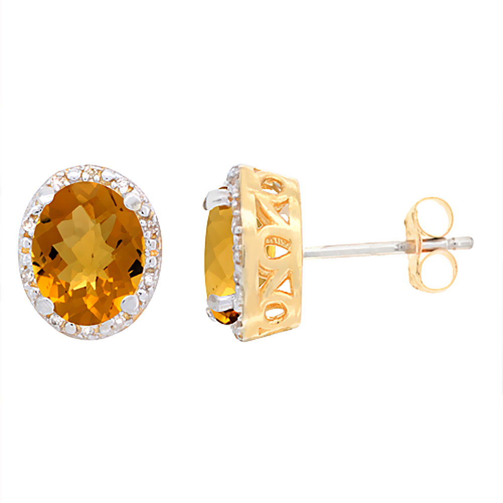 10K Yellow Gold Genuine Whisky Quartz Stud Earrings Diamond Halo Oval 8x6 mm