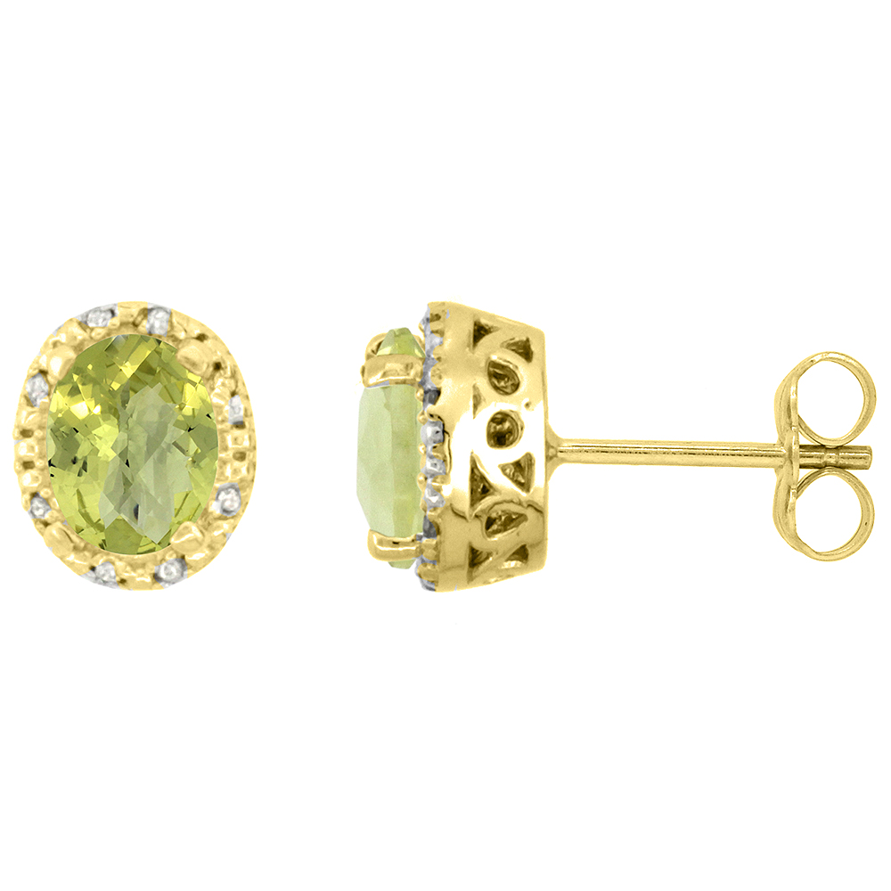 10K YELLOW GOLD DIAMOND HALO NATURAL LEMON QUARTZ STUD EARRINGS OVAL 7X5 MM