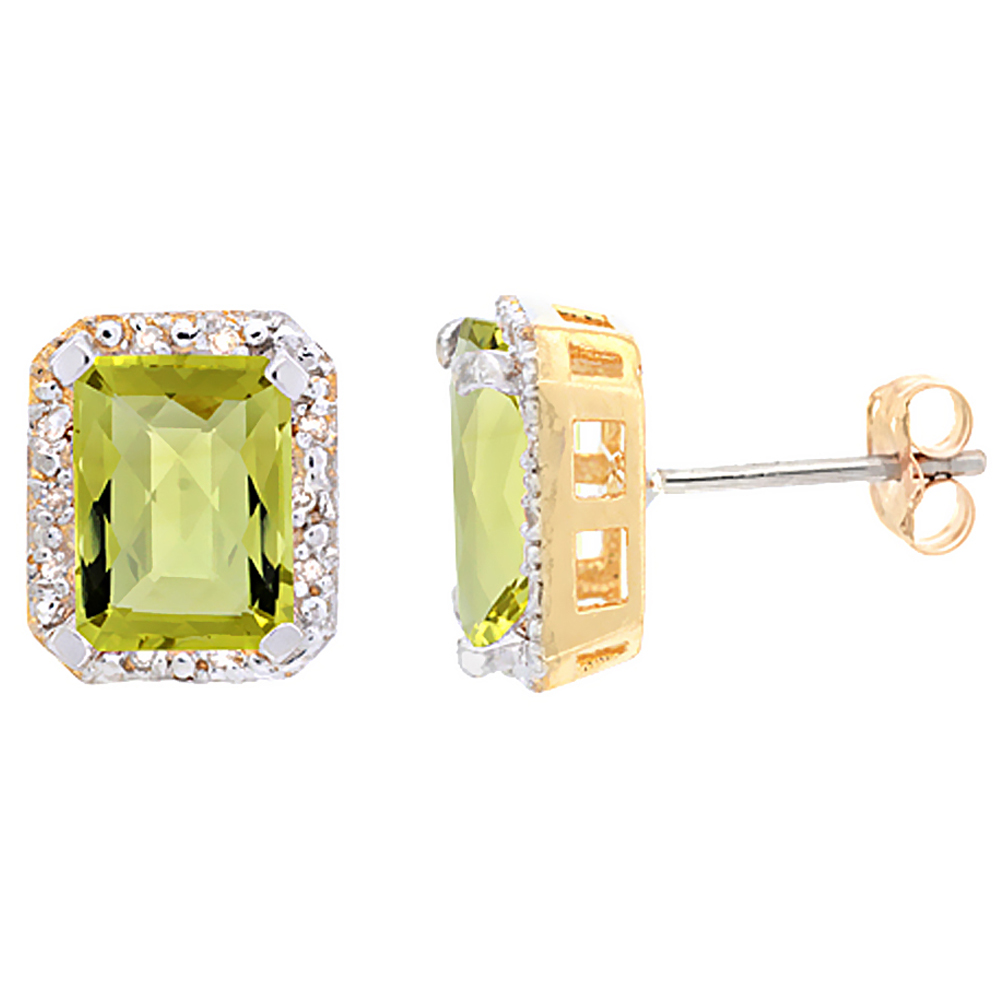 10K YELLOW GOLD DIAMOND NATURAL LEMON QUARTZ EARRINGS OCTAGON 8X6 MM