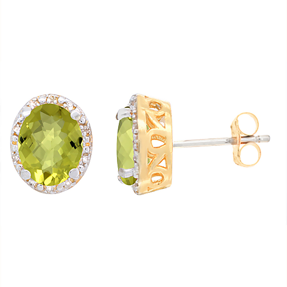 10K YELLOW GOLD GENUINE LEMON QUARTZ STUD EARRINGS DIAMOND HALO OVAL 8X6 MM