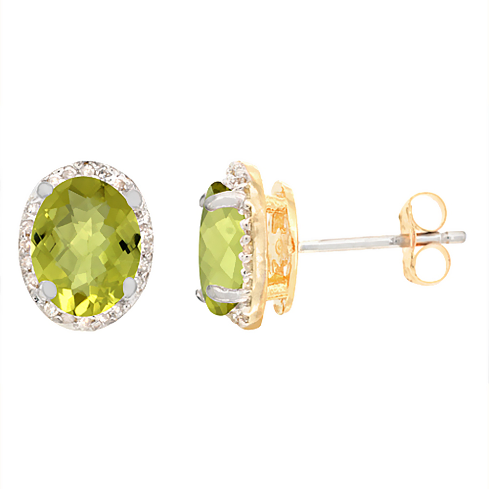 10K YELLOW GOLD DIAMOND NATURAL LEMON QUARTZ EARRINGS OVAL 7X5 MM