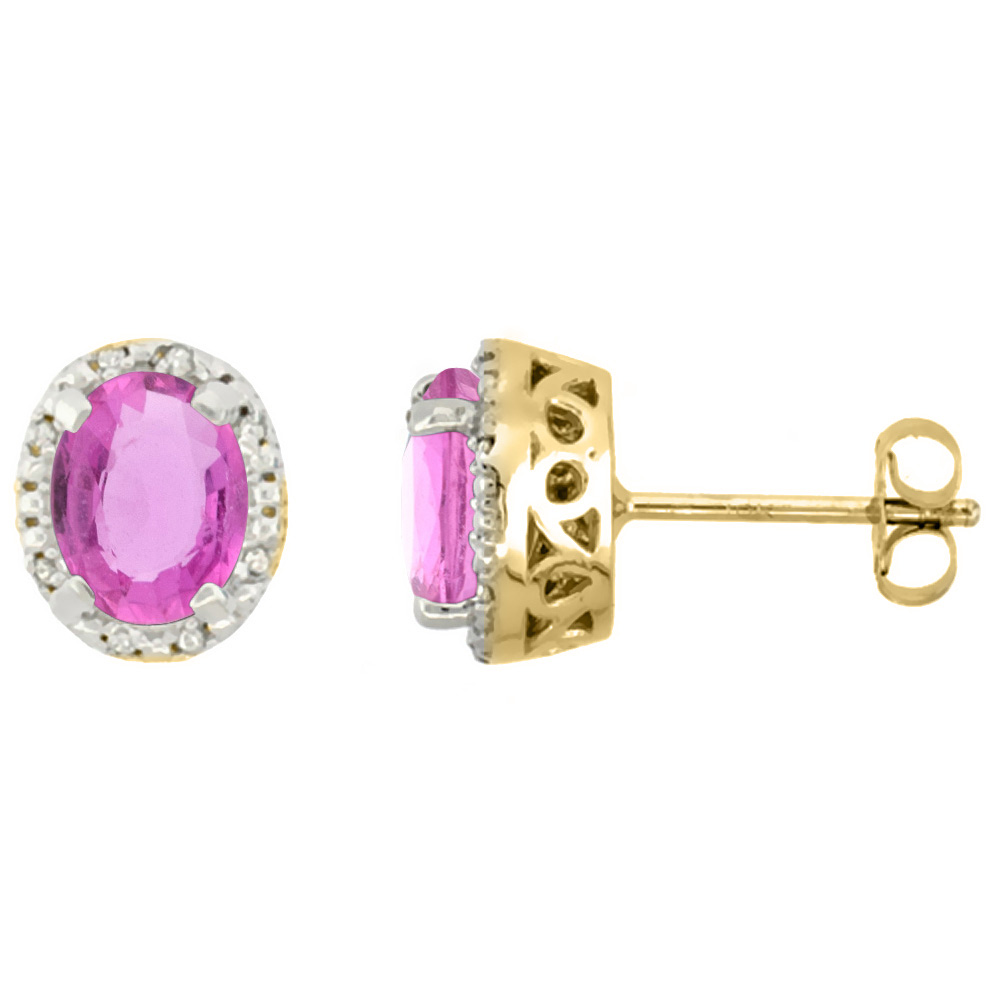 10K YELLOW GOLD DIAMOND HALO NATURAL PINK SAPPHIRE STUD EARRINGS OVAL 7X5 MM