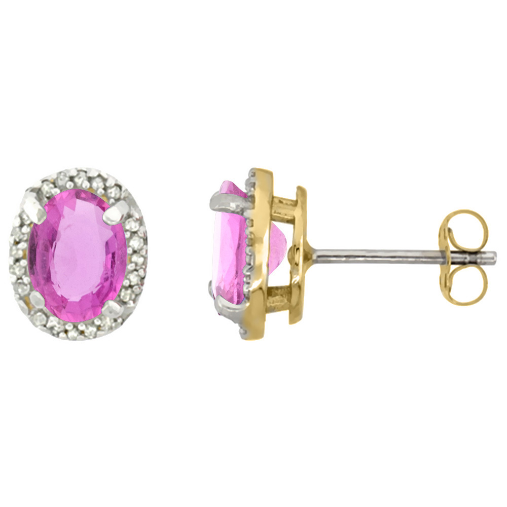 10K Yellow Gold Diamond Natural Pink Sapphire Earrings Oval 7x5 mm