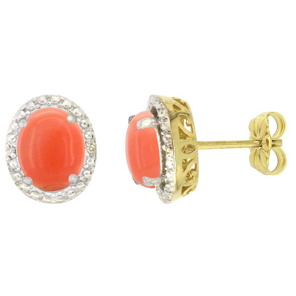 10K YELLOW GOLD 0.01 CTTW DIAMOND NATURAL CORAL POST EARRINGS OVAL 7X5 MM