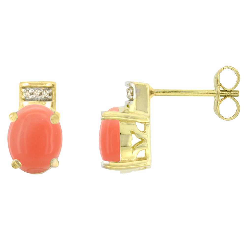 10K YELLOW GOLD DIAMOND NATURAL CORAL EARRINGS OVAL 8X6 MM