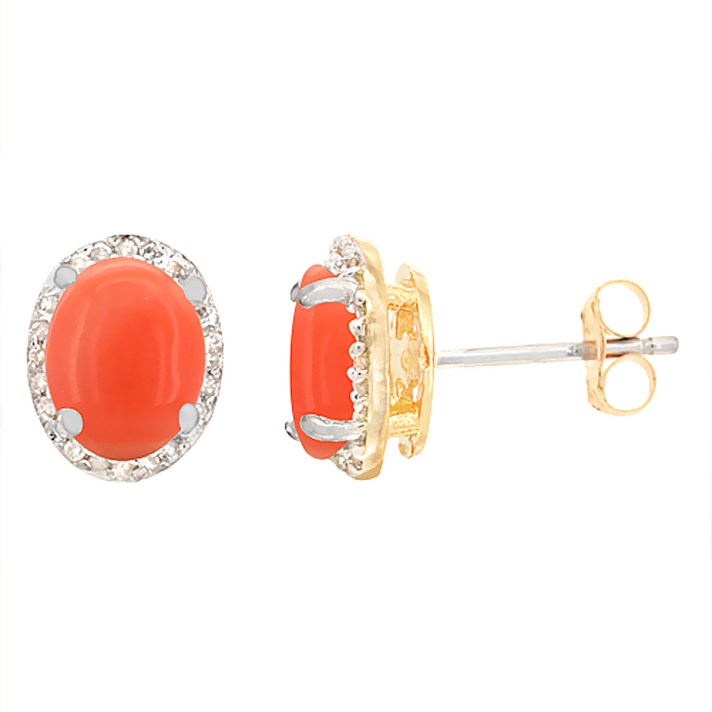 10K Yellow Gold Diamond Natural Coral Earrings Oval 7x5 mm