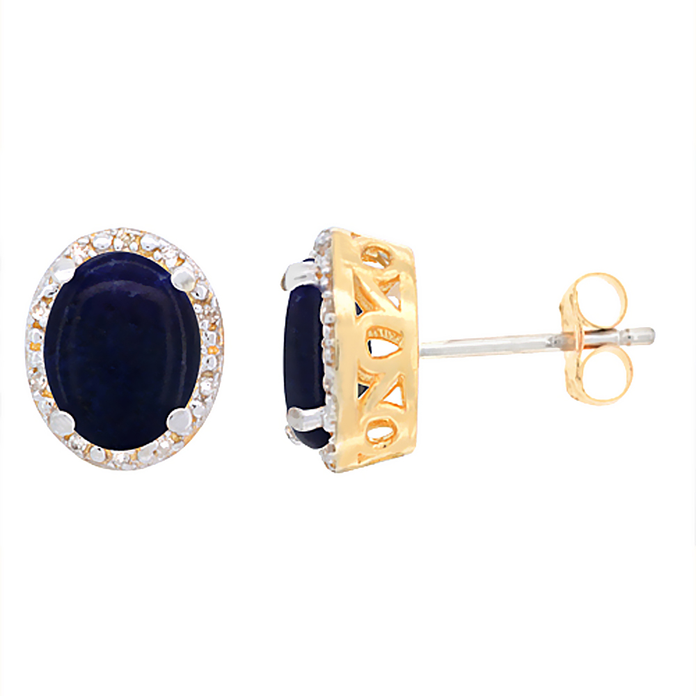 10K YELLOW GOLD GENUINE LAPIS STUD EARRINGS DIAMOND HALO OVAL 8X6 MM