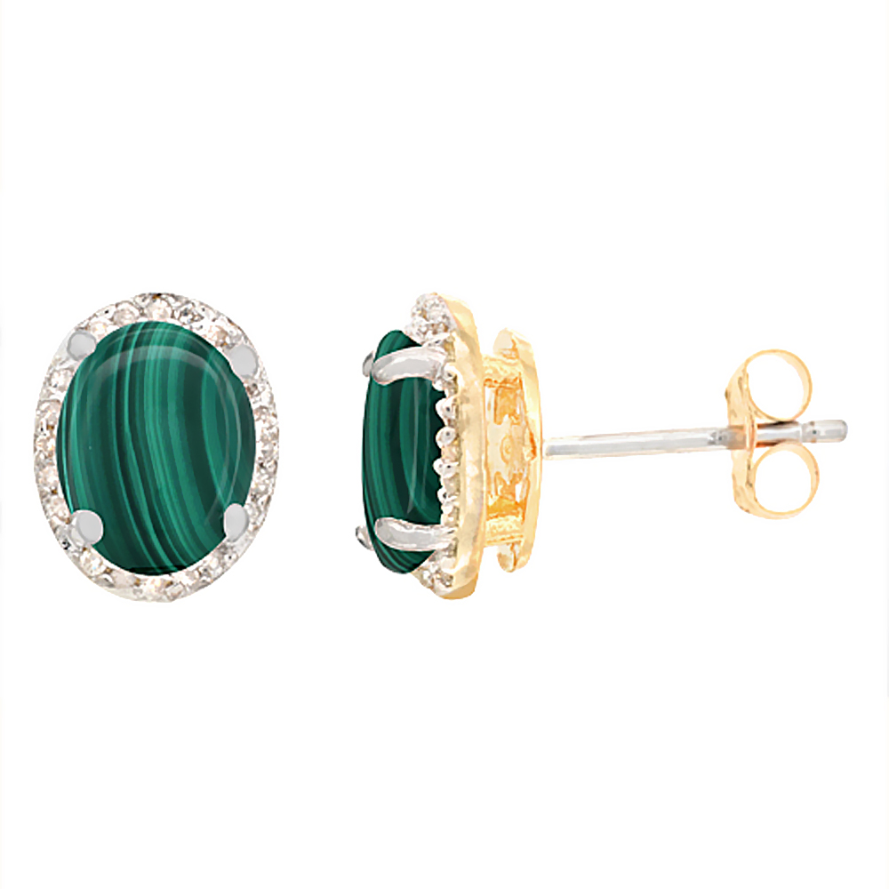 10K YELLOW GOLD DIAMOND NATURAL MALACHITE EARRINGS OVAL 7X5 MM