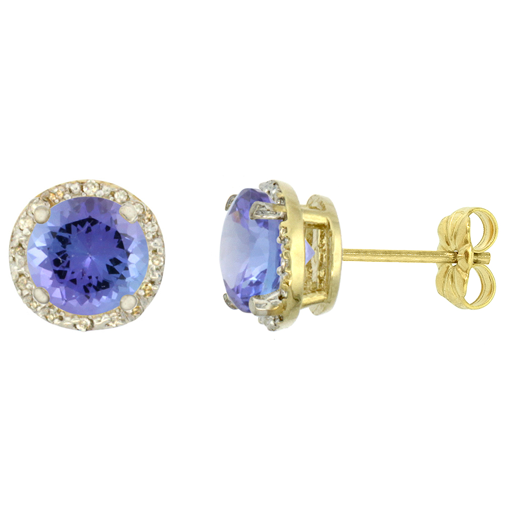 10K YELLOW GOLD 0.06 CTTW DIAMOND NATURAL TANZANITE EARRINGS ROUND 7X7 MM