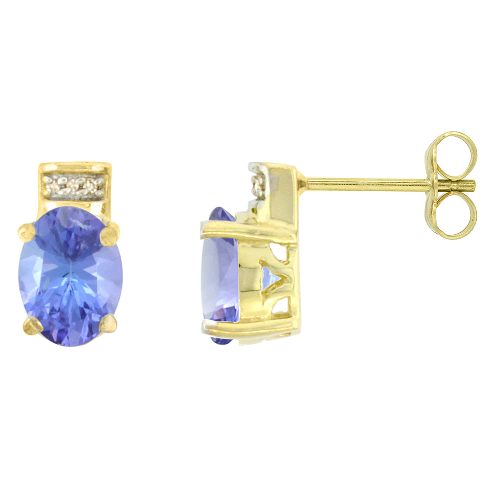 10K YELLOW GOLD DIAMOND NATURAL TANZANITE EARRINGS OVAL 8X6 MM