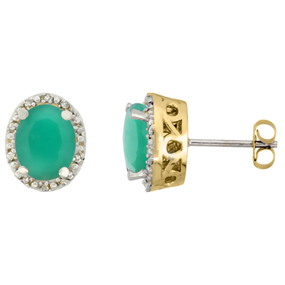 10K Yellow Gold Genuine Quality Emerald Stud Earrings Diamond Halo Oval 8x6 mm