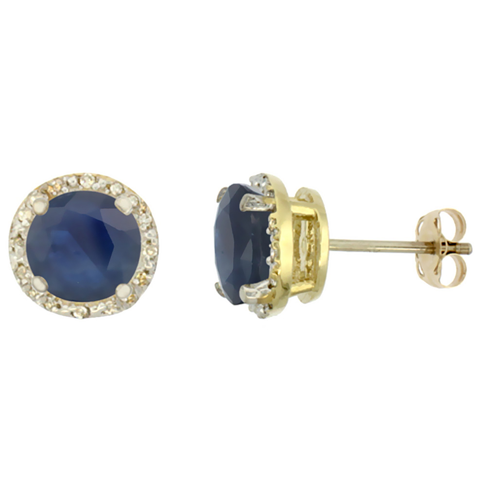 10K YELLOW GOLD 0.06 CTTW DIAMOND NATURAL QUALITY BLUE SAPPHIRE EARRINGS ROUND 7X7 MM
