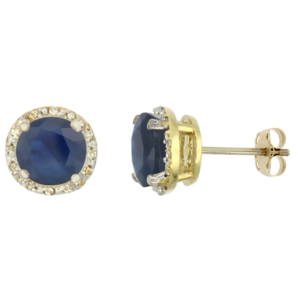 10K Yellow Gold 0.06 cttw Diamond Natural Quality Blue Sapphire Earrings Round 7x7 mm