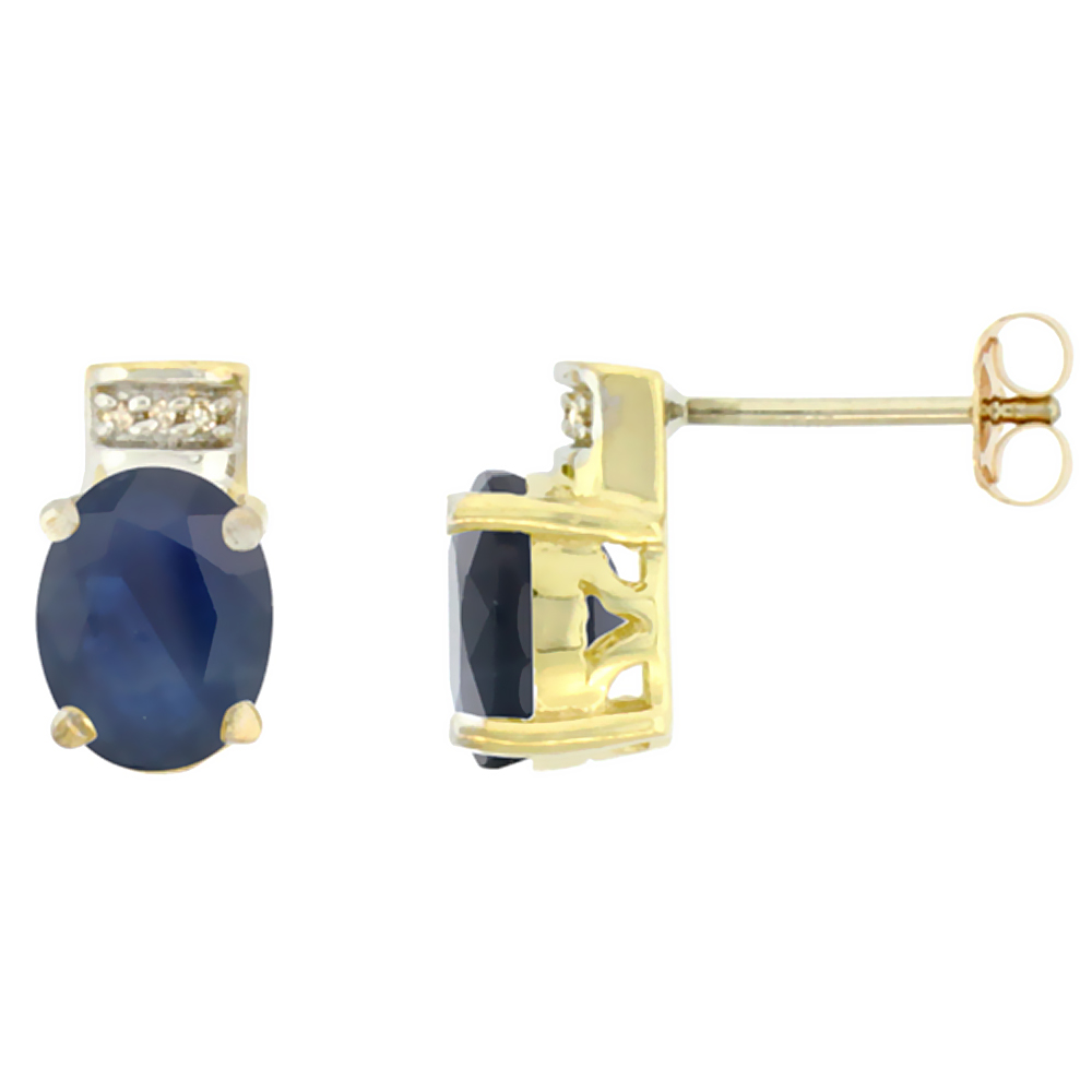 10K Yellow Gold Diamond Natural Quality Blue Sapphire Earrings Oval 8x6 mm