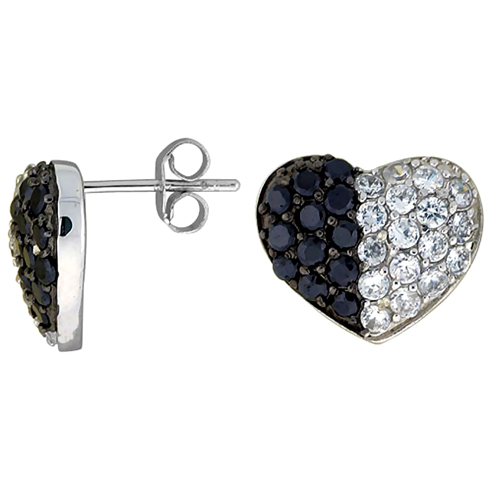Sterling Silver Cubic Zirconia Heart Button Earrings Black &amp; White CZ Stones Rhodium finish 5/8 inch