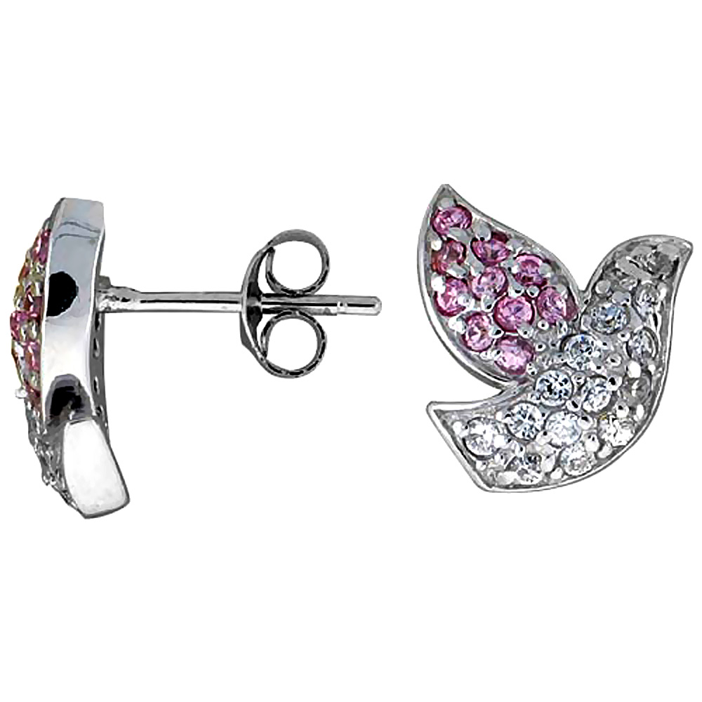STERLING SILVER CUBIC ZIRCONIA DOVE STUD EARRINGS PINK & WHITE CZ STONES RHODIUM FINISH 1/2 INCH