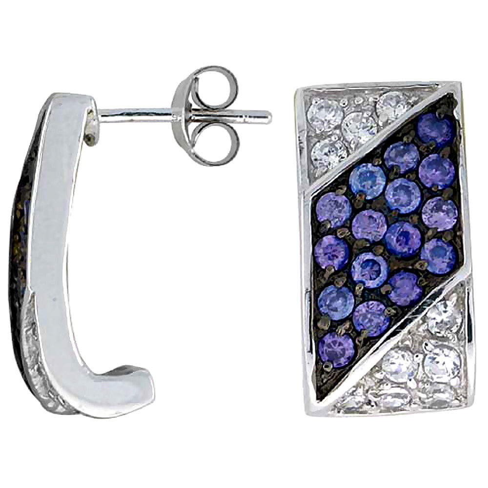 Sterling Silver Cubic Zirconia Rectangular Post Earrings Purple &amp; White CZ Stones Rhodium finish 3/4 inch
