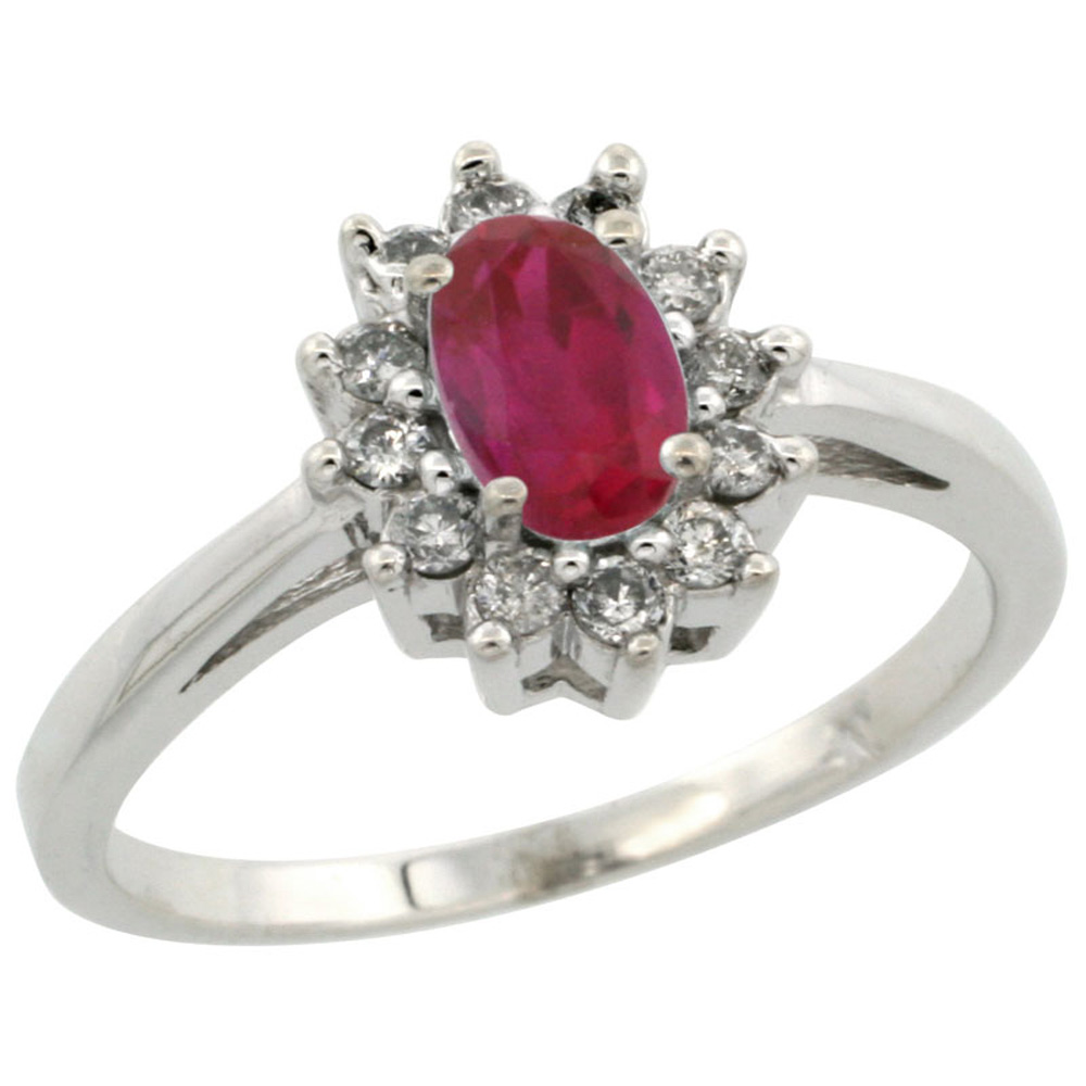 10k White Gold ( 6x4 mm ) Halo Engagement Created Ruby Ring w/ 0.212 Carat Brilliant Cut Diamonds &amp; 0.45 Carat Oval Cut Stone, 7/16 in. (11mm) wide