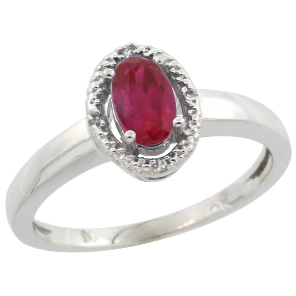10k White Gold ( 6x4 mm ) Halo Engagement Created Ruby Ring w/ 0.007 Carat Brilliant Cut Diamonds & 0.55 Carat Oval Cut Stone, 3/8 in. (9mm) wide