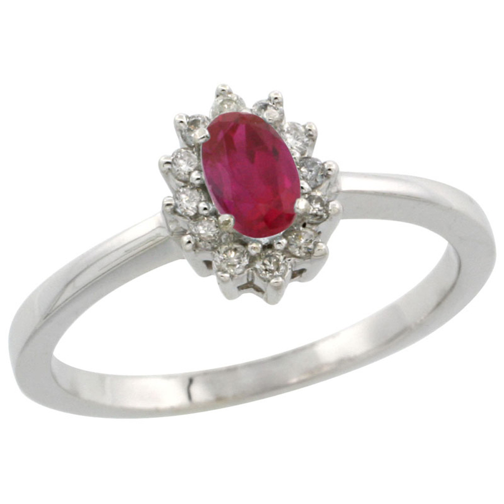 14k White Gold ( 5x3 mm ) Halo Engagement Created Ruby Ring w/ 0.12 Carat Brilliant Cut Diamonds & 0.20 Carat Oval Cut Stone, 5/16 in. (8mm) wide