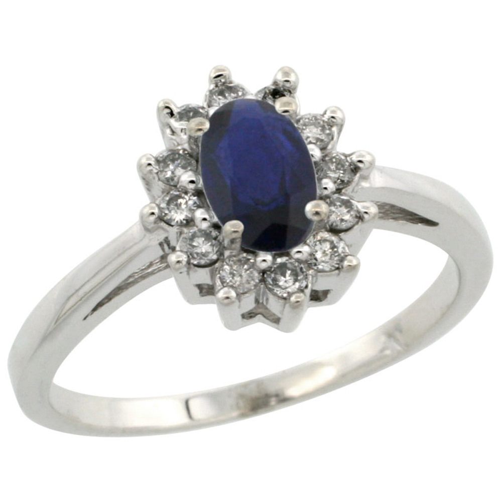10k White Gold ( 6x4 mm ) Halo Engagement Created Blue Sapphire Ring w/ 0.212 Carat Brilliant Cut Diamonds &amp; 0.45 Carat Oval Cut Stone, 7/16 in. (11mm) wide