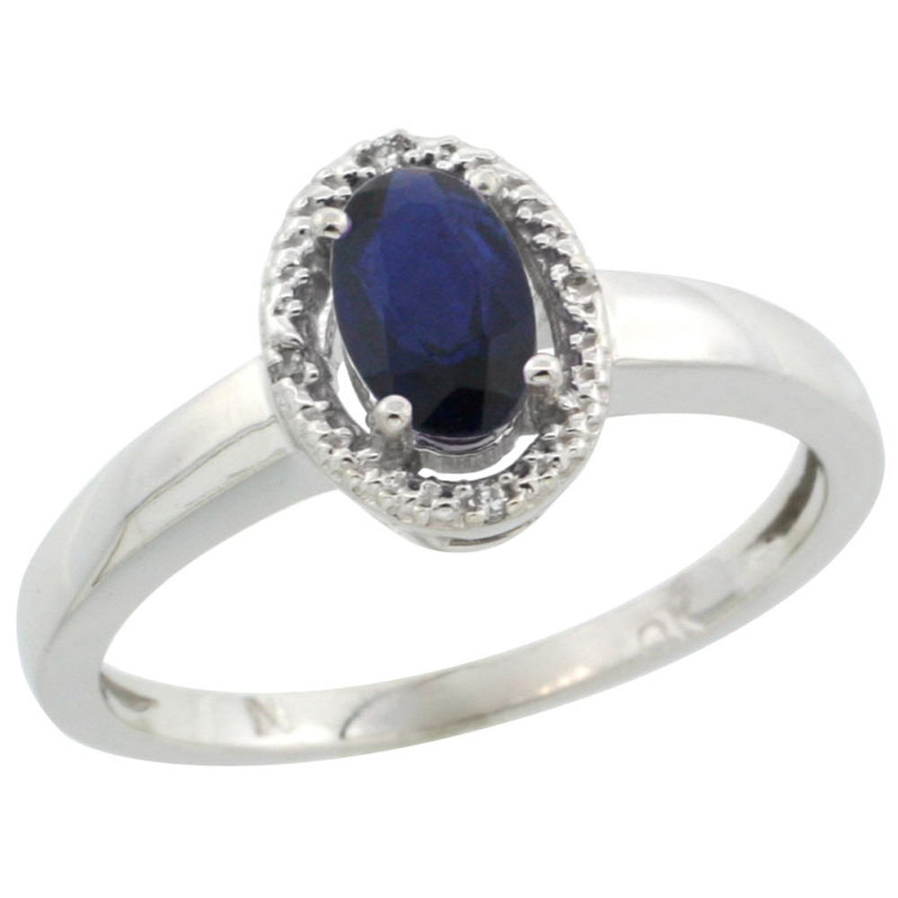 10k White Gold ( 6x4 mm ) Halo Engagement Created Blue Sapphire Ring w/ 0.007 Carat Brilliant Cut Diamonds &amp; 0.55 Carat Oval Cut Stone, 3/8 in. (9mm) wide