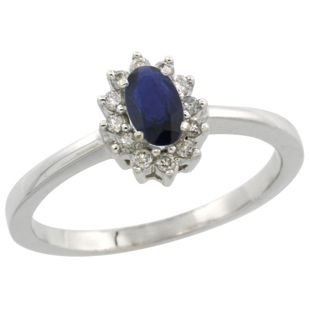 14k White Gold ( 5x3 mm ) Halo Engagement Created Blue Sapphire Ring w/ 0.12 Carat Brilliant Cut Diamonds & 0.20 Carat Oval Cut Stone, 5/16 in. (8mm) wide