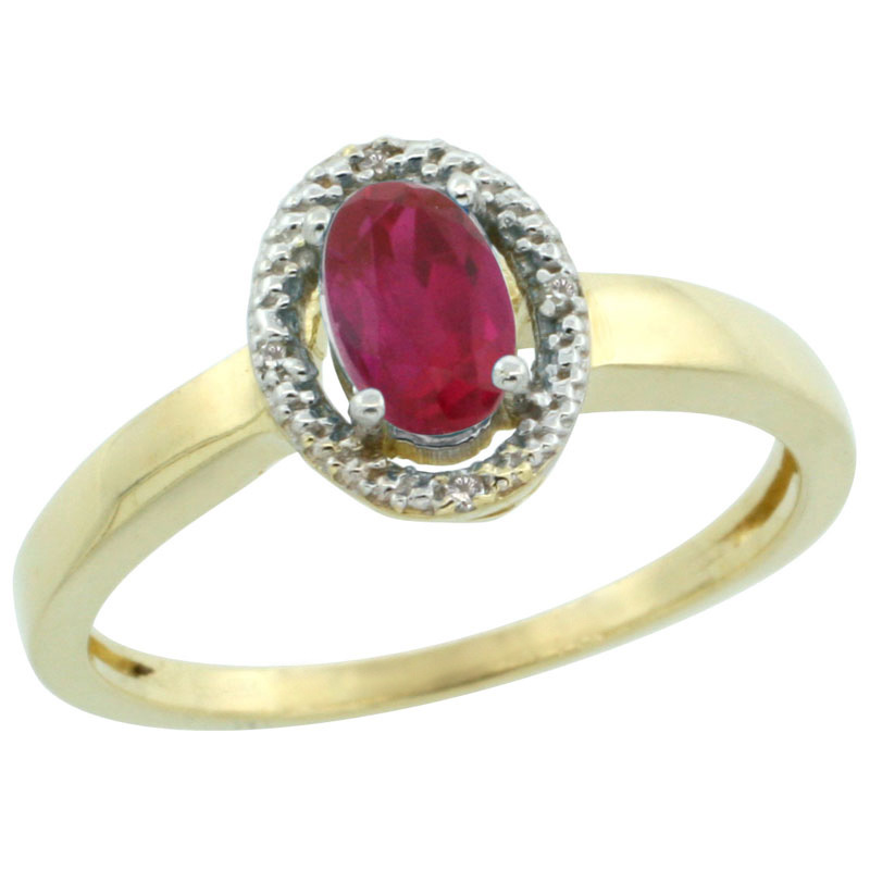 10k Gold ( 6x4 mm ) Halo Engagement Created Ruby Ring w/ 0.007 Carat Brilliant Cut Diamonds &amp; 0.55 Carat Oval Cut Stone, 3/8 in. (9mm) wide