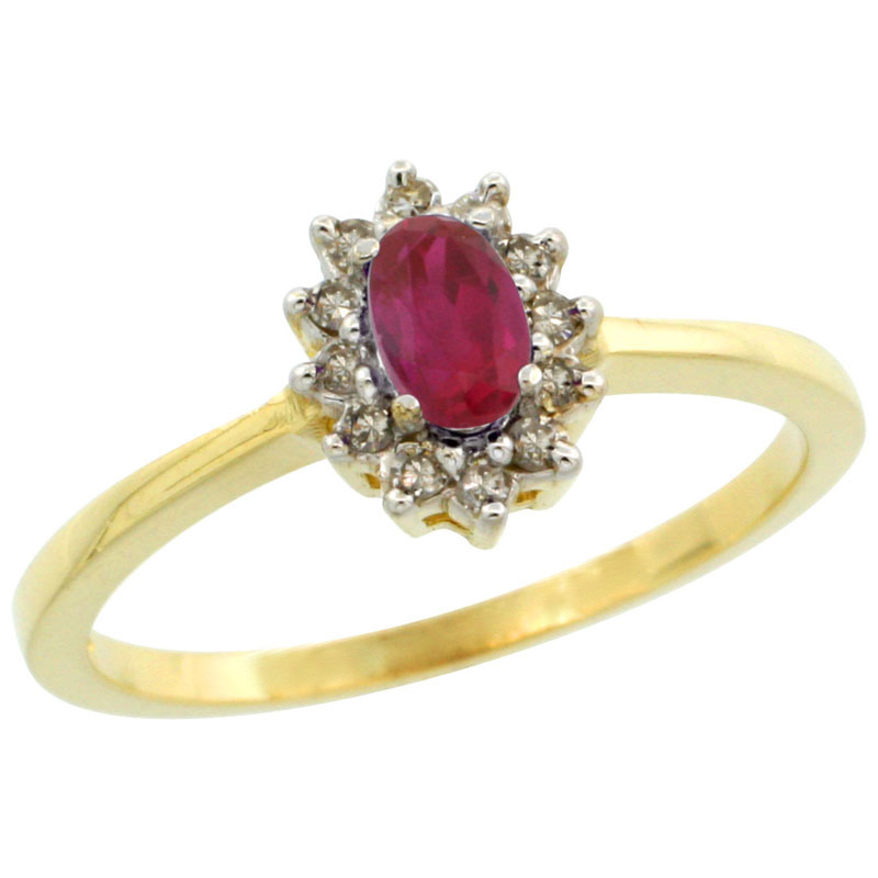 14k Gold ( 5x3 mm ) Halo Engagement Created Ruby Ring w/ 0.12 Carat Brilliant Cut Diamonds &amp; 0.20 Carat Oval Cut Stone, 5/16 in. (8mm) wide