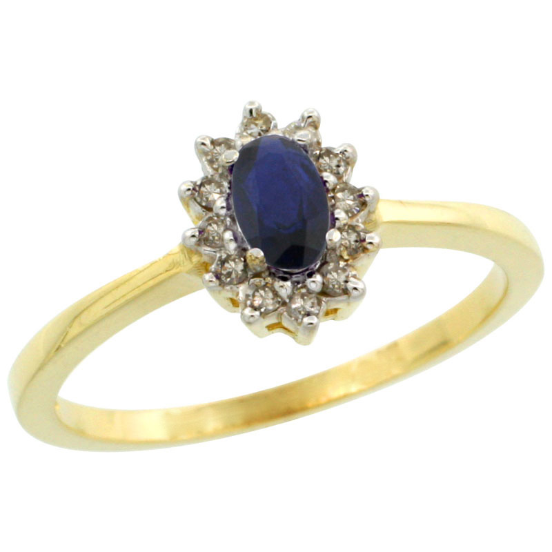 14k Gold ( 5x3 mm ) Halo Engagement Created Blue Sapphire Ring w/ 0.12 Carat Brilliant Cut Diamonds & 0.20 Carat Oval Cut Stone, 5/16 in. (8mm) wide