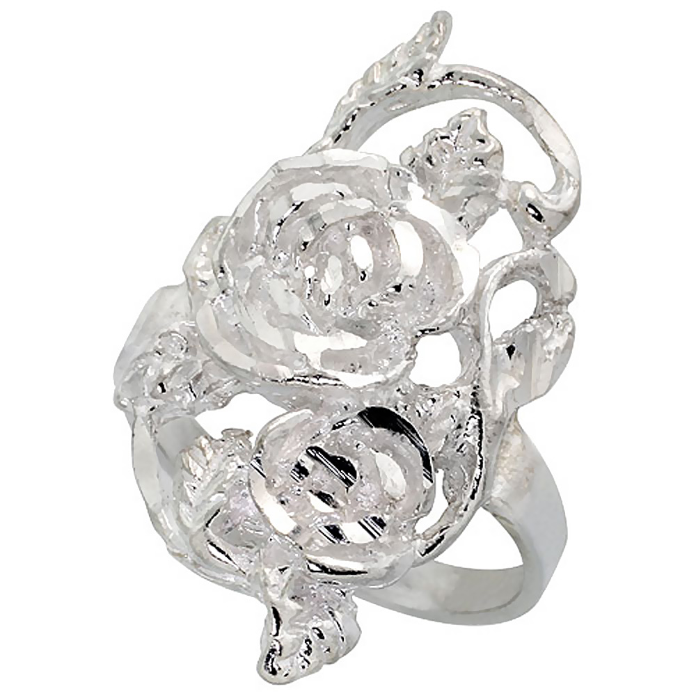 STERLING SILVER FLORAL VINE RING POLISHED FINISH 1 3/16 INCH WIDE, SIZES 6 - 9