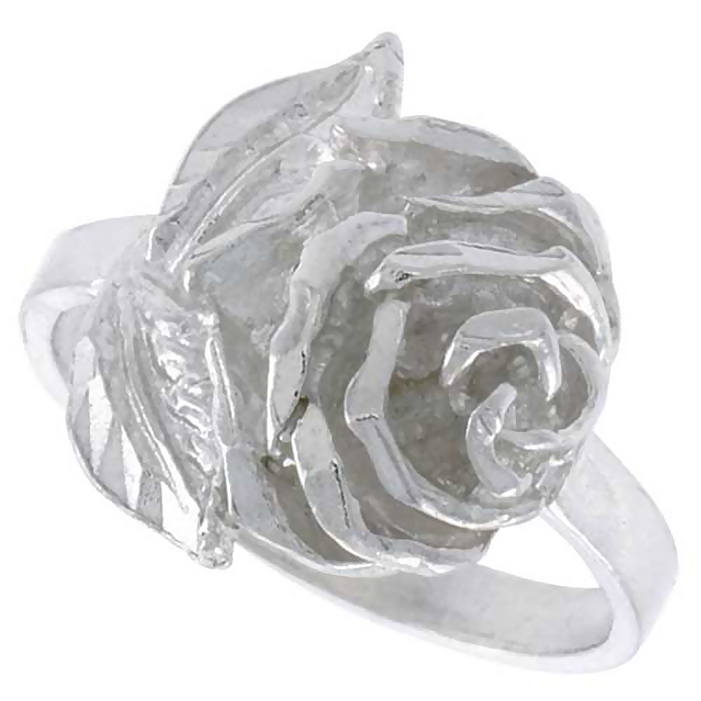 STERLING SILVER ROSE FLOWER RING POLISHED FINISH 5/8 INCH WIDE, SIZES 6 - 9