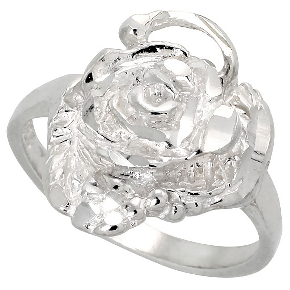 STERLING SILVER ROSE FLOWER RING POLISHED FINISH 5/8 INCH WIDE, SIZES 6 - 9