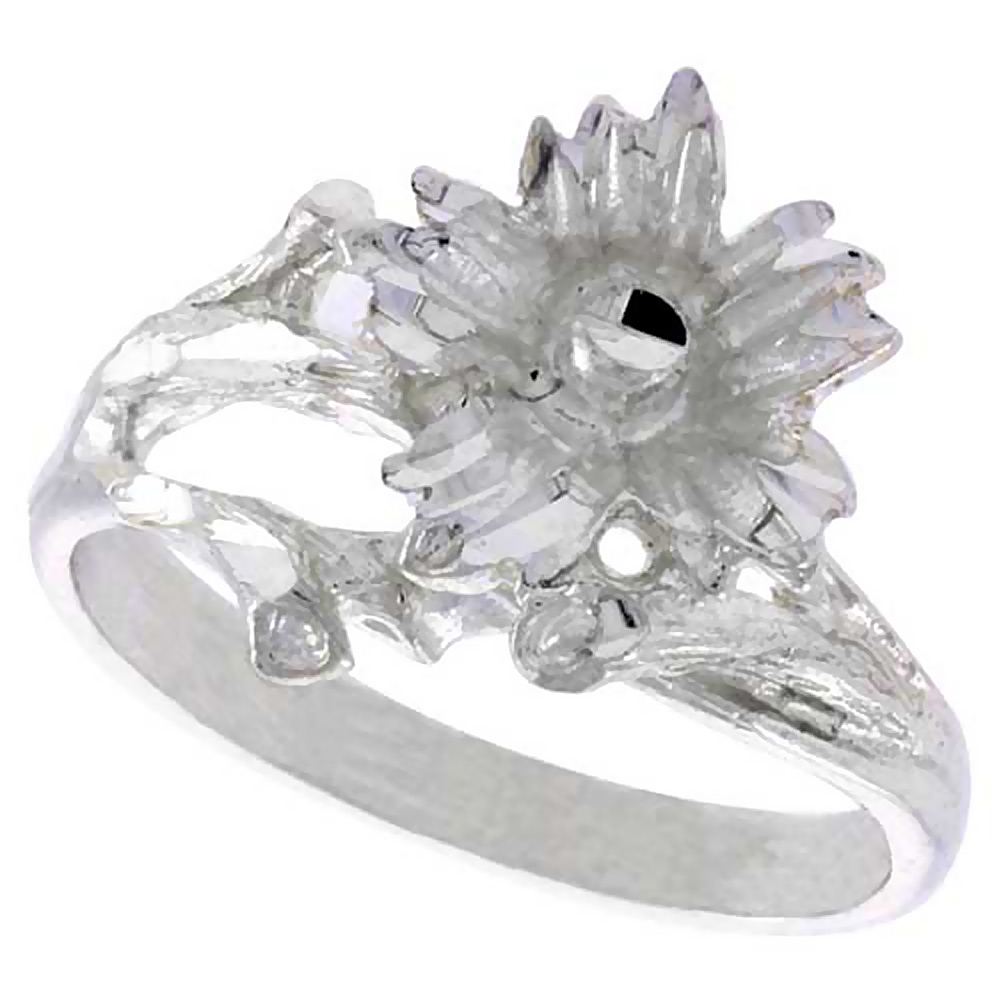 STERLING SILVER FLORAL RING POLISHED FINISH 5/8 INCH WIDE, SIZES 6 - 9