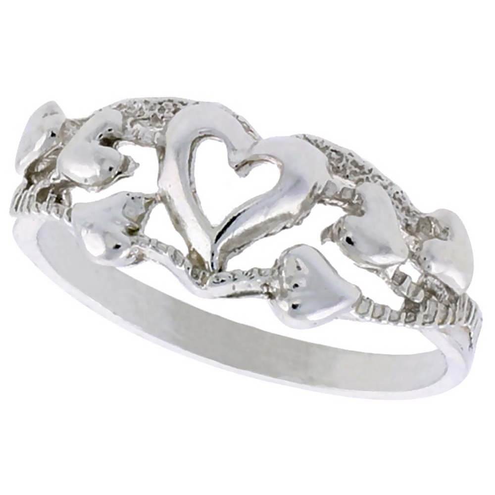 STERLING SILVER HEARTS RING POLISHED FINISH 5/16 INCH WIDE, SIZES 6 - 9