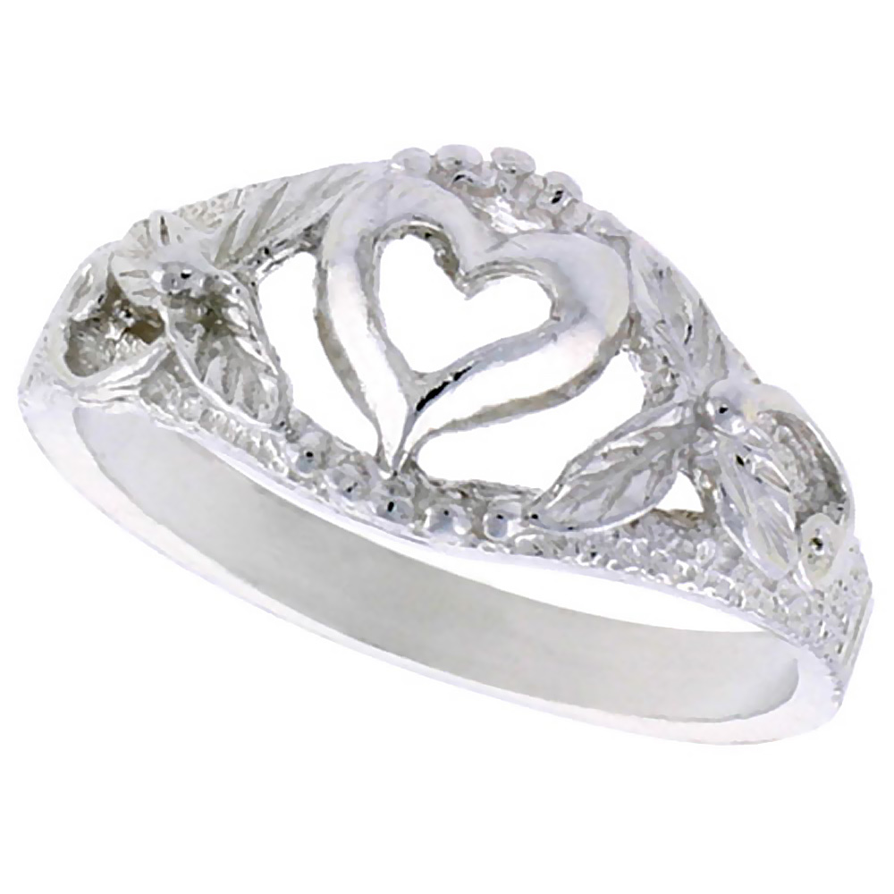STERLING SILVER HEART RING POLISHED FINISH 3/8 INCH WIDE, SIZES 6 - 9,