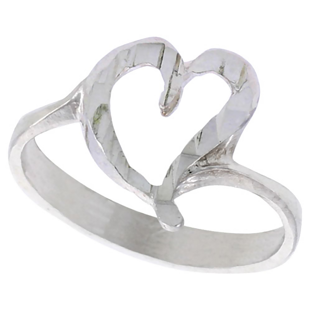 STERLING SILVER HEART RING POLISHED FINISH 7/16 INCH WIDE, SIZES 6 - 9