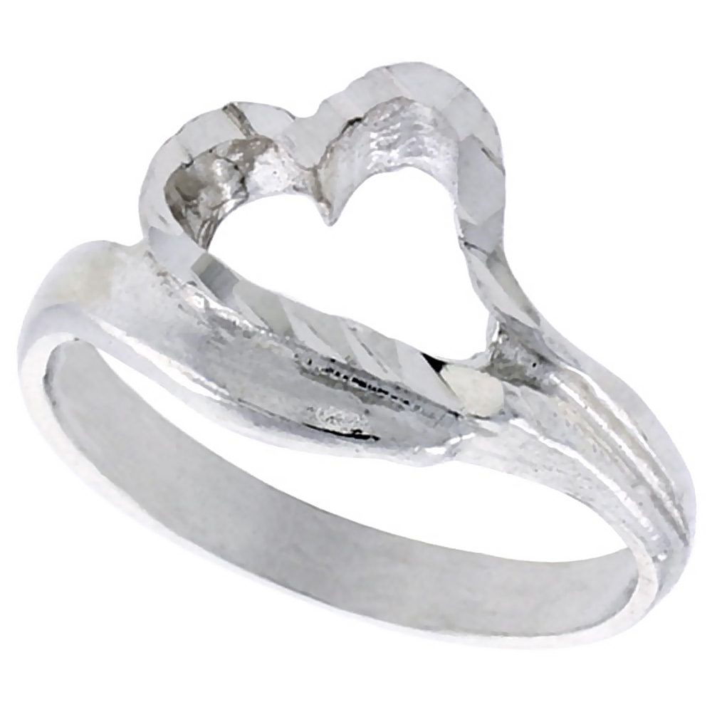 STERLING SILVER HEART RING POLISHED FINISH 3/8 INCH WIDE, SIZES 6 - 9,