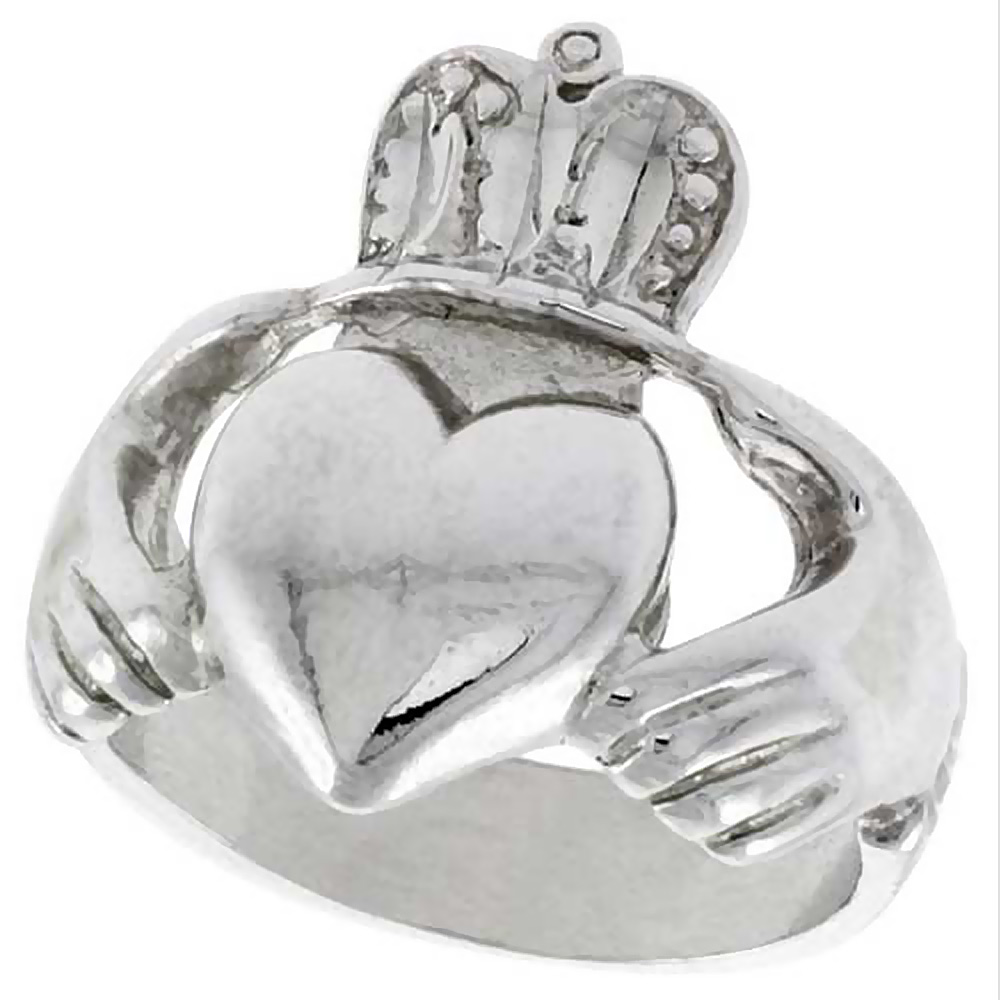 STERLING SILVER LARGE CLADDAGH RING 7/8 INCH WIDE, SIZES 6 - 10