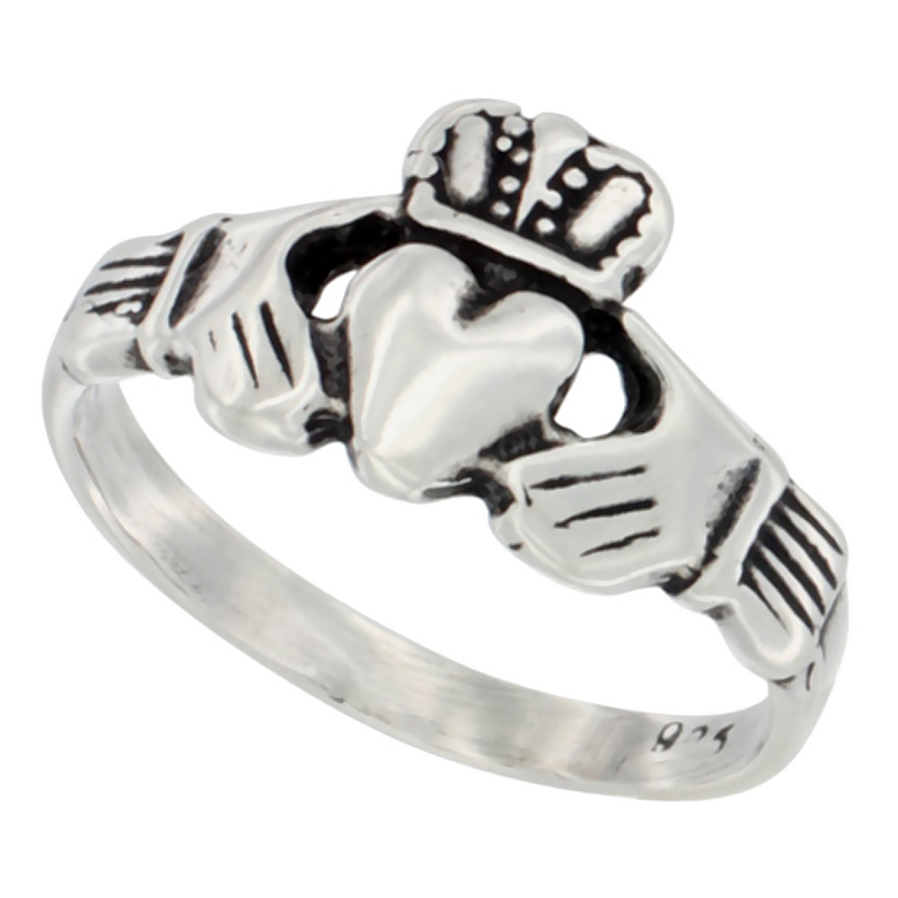 Sterling Silver Small Claddagh Ring antiqued finish 7/16 inch wide, sizes 4 - 9