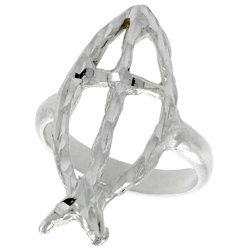 Sterling Silver Christian Fish Ichthus Cross Ring Textured finish 1 1/8 inch wide sizes 6-9