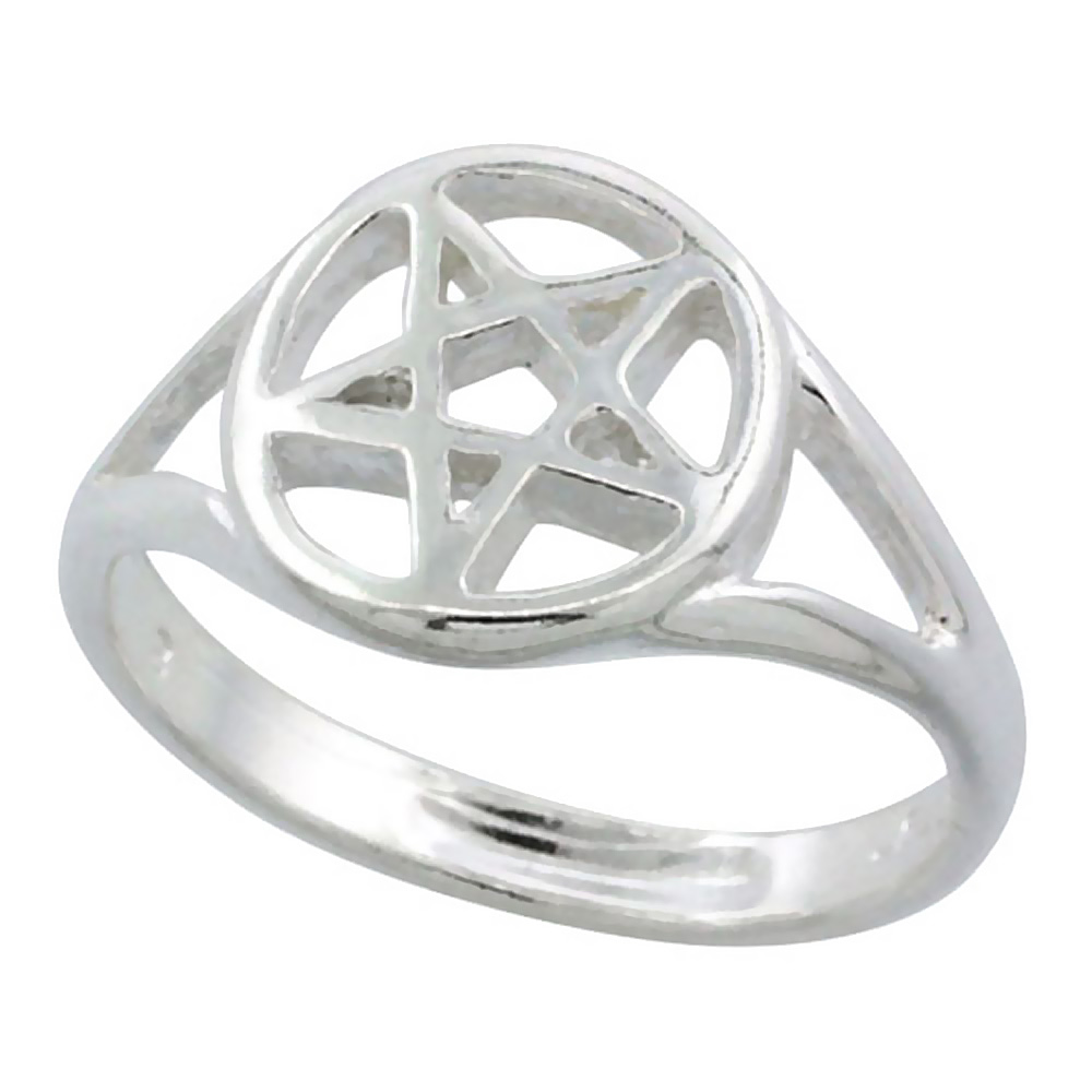 Sterling Silver 5 Point Star Pentagram Ring Polished finish 1/2 inch wide sizes 6-9