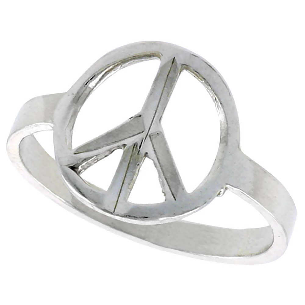 Sterling Silver Peace Sign Ring Polished finish 1/2 inch wide sizes 6-9