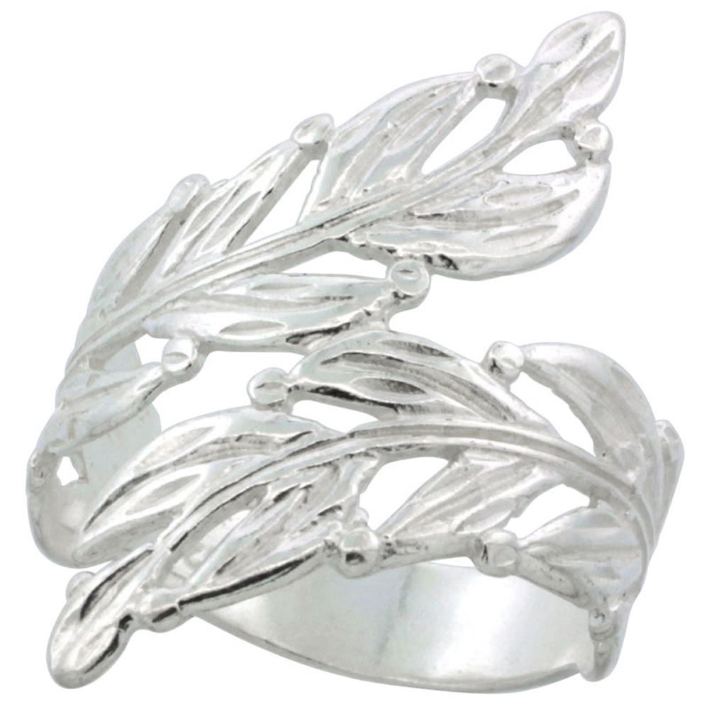 STERLING SILVER FREEFORM LEAF VINE RING POLISHED FINISH 1 3/16 INCH WIDE, SIZES 6 - 9
