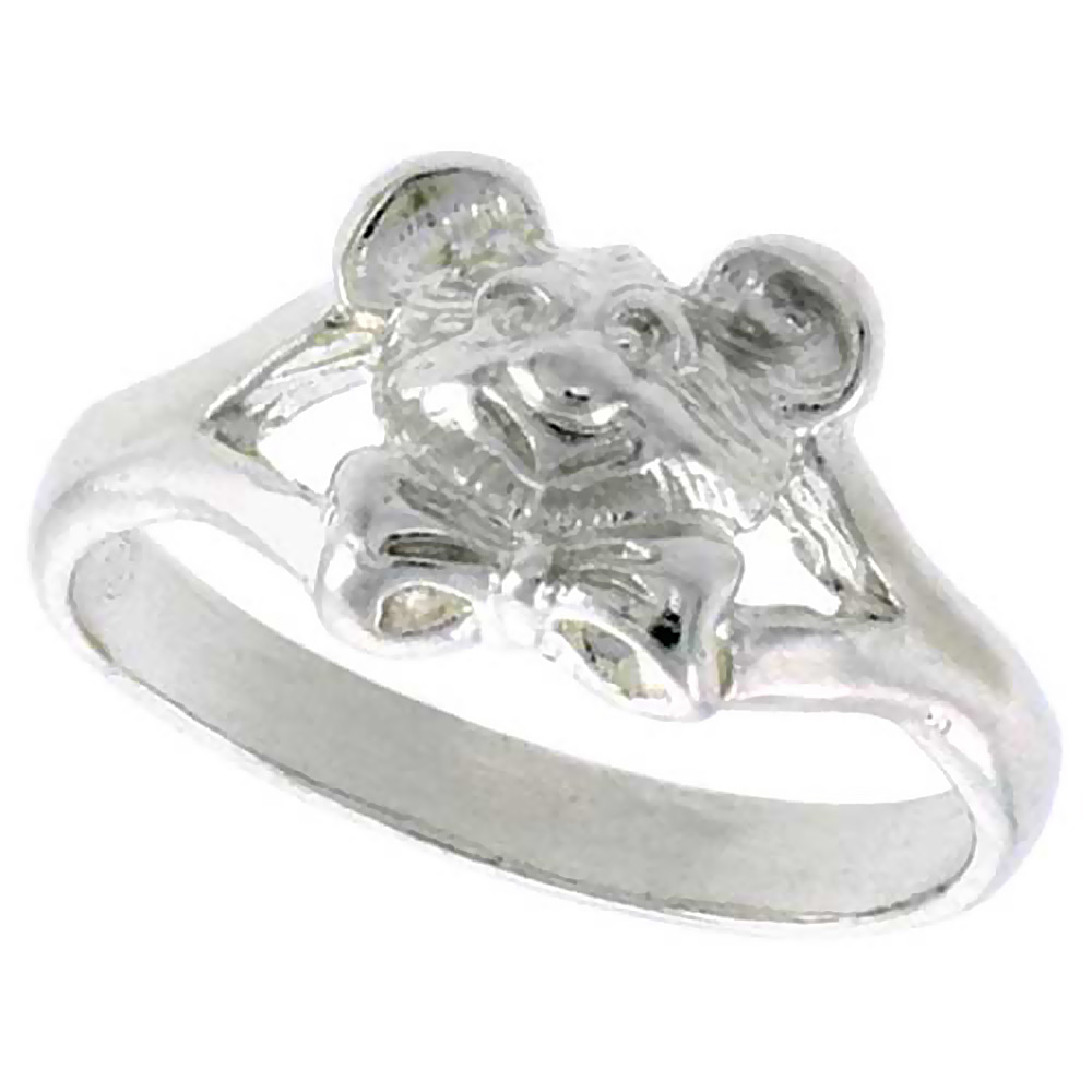 STERLING SILVER TEDDY BEAR HEAD RING POLISHED FINISH 3/8 INCH WIDE, SIZES 6 - 9,