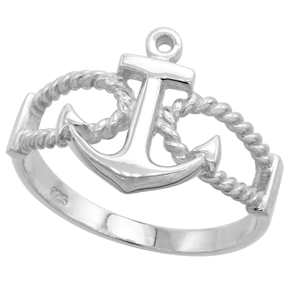 STERLING SILVER ANCHOR RING FOR WOMEN 9/16 INCH (14 MM) LONG HIGH POLISH FINISH SIZES 4.5-10.5