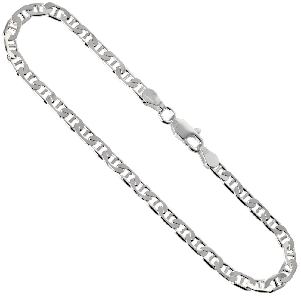 Sterling Silver Flat Mariner Link Chain Necklaces & Bracelets 3.7mm Nickel Free Italy, sizes 7 - 30 inch