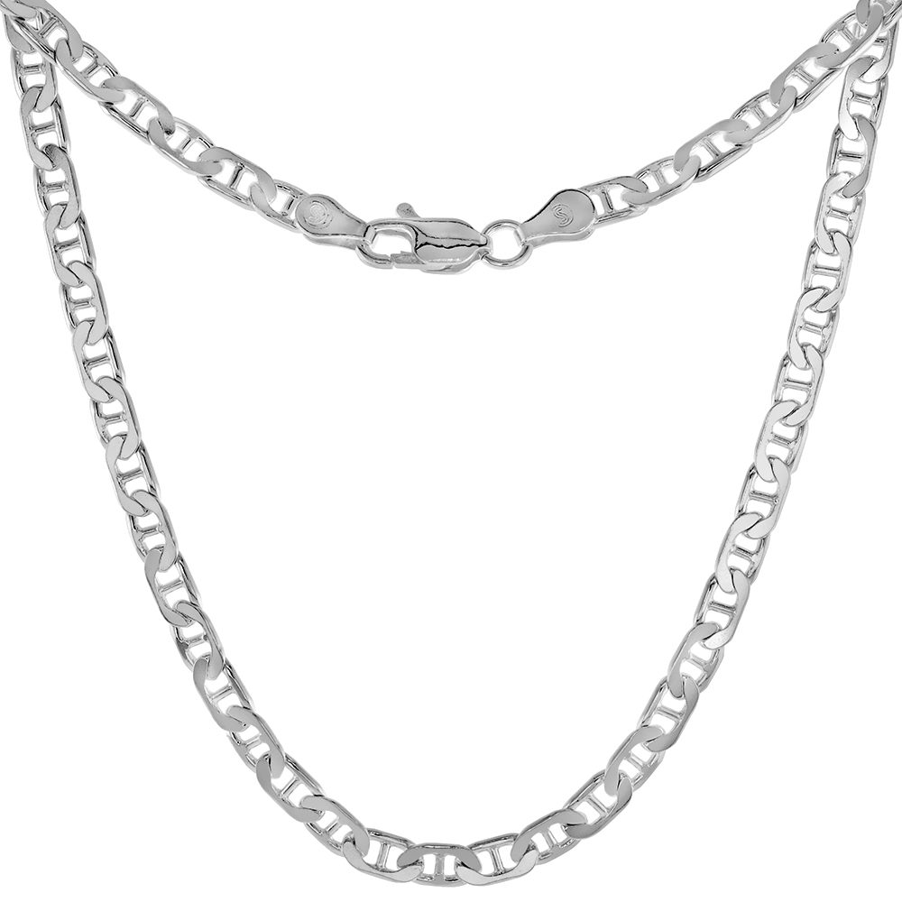 Sterling Silver Flat Mariner Link Chain Necklaces & Bracelets 3.7mm Nickel Free Italy, sizes 7 - 30 inch