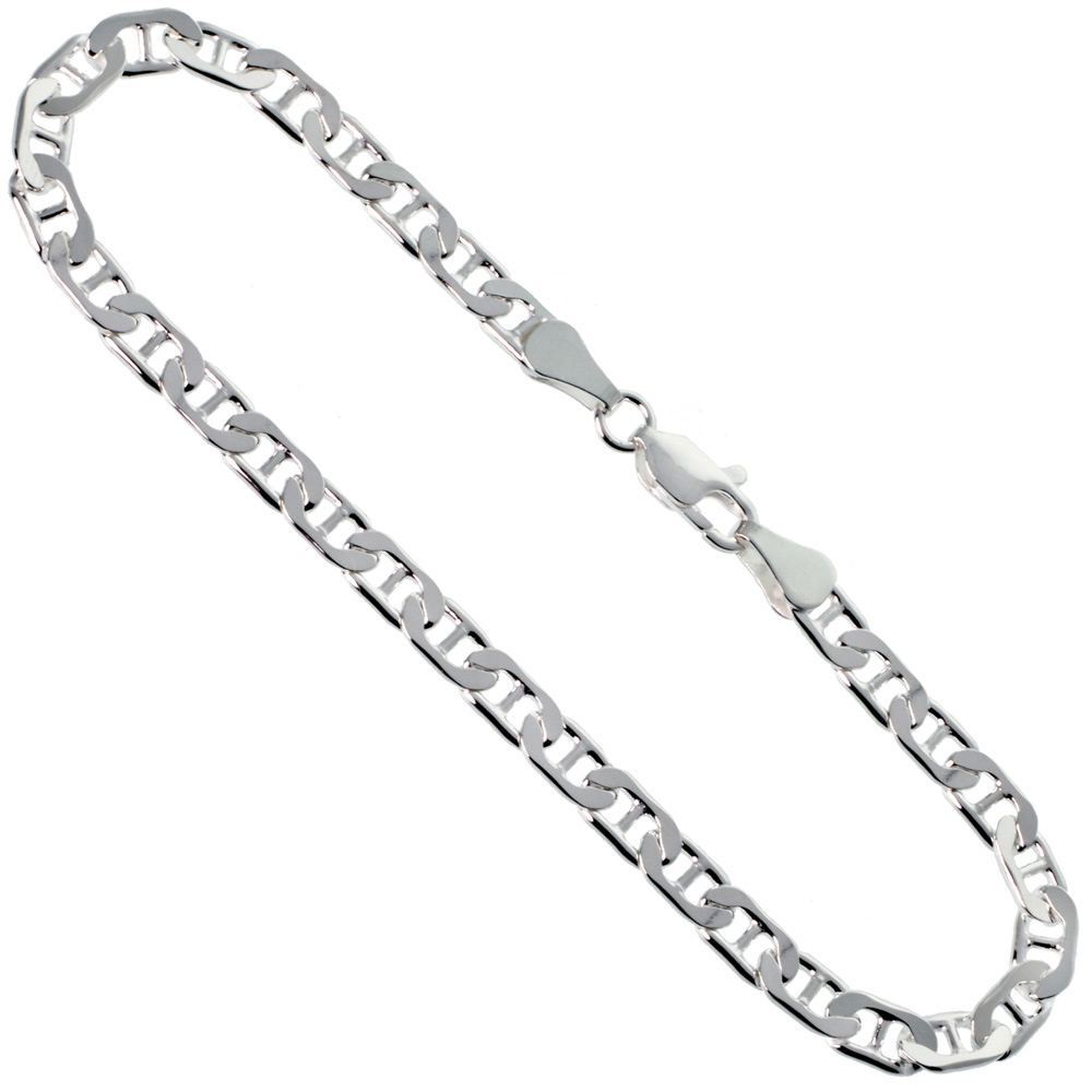 Sterling Silver Flat Mariner Link Chain Necklaces & Bracelets 4.6mm Nickel Free Italy, sizes 7 - 30 inch