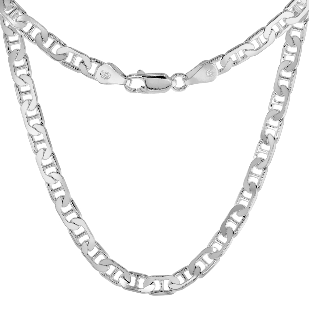 Sterling Silver Flat Mariner Link Chain Necklaces & Bracelets 4.6mm Nickel Free Italy, sizes 7 - 30 inch